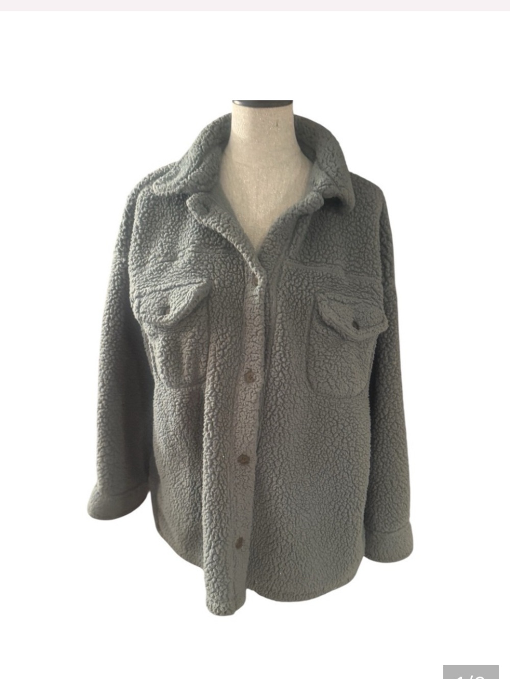 32 Degrees Sage Green Gray Teddy Shacket with Flap Chest Pockets
